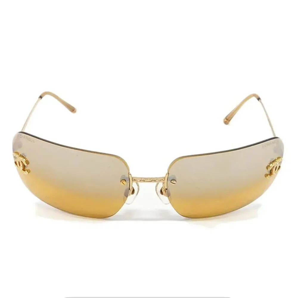 Chanel Vintage Sunglasses Rhinestone CC Logo Rimless Gradient Gold Tint - Picture 5 of 10